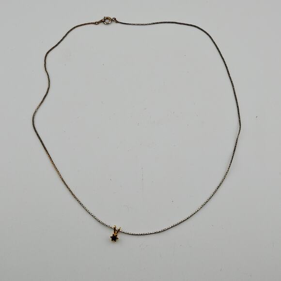 Two Tone Silver & Gold Tone Necklace Dark Blue Crystal Stone Charm Small Simple - Picture 5 of 5